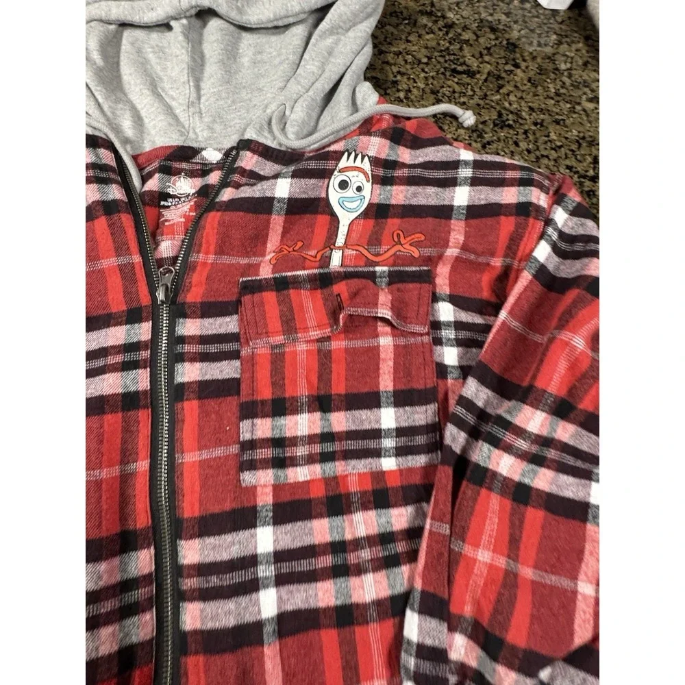 Disney Forky Plaid Flannel Full Zip Hoodie Jacket Adult Large Red Toy Story EUC